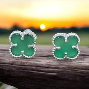 Green Flower Stud Earrings 925 Sterling Silver Screw Back Posts